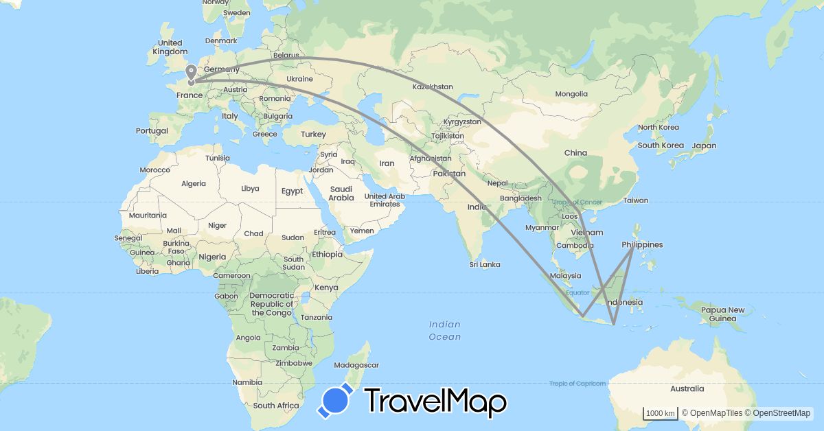 TravelMap itinerary: driving, plane in France, Indonesia, Philippines, Vietnam (Asia, Europe)